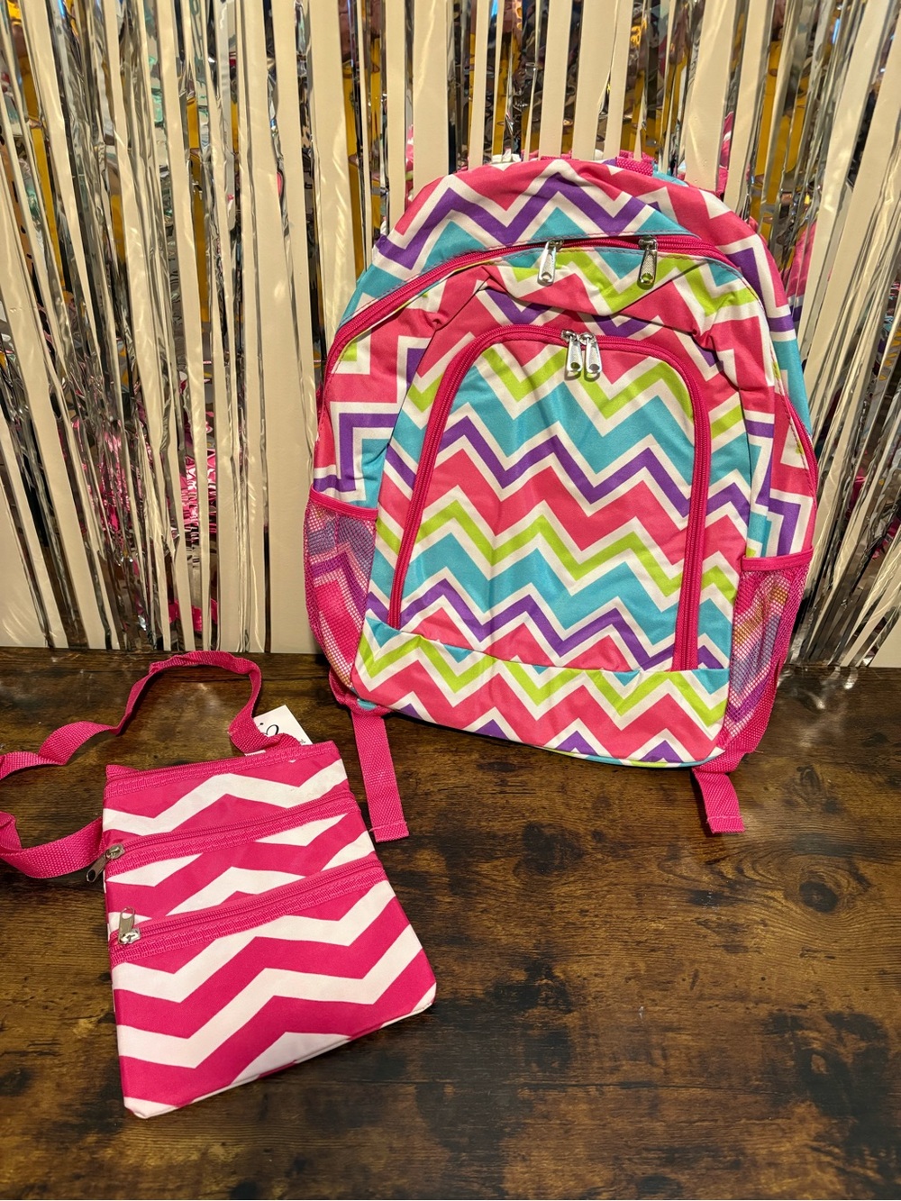 Chevron Full-Size Backpack and Crossbody Set - Pink Multi